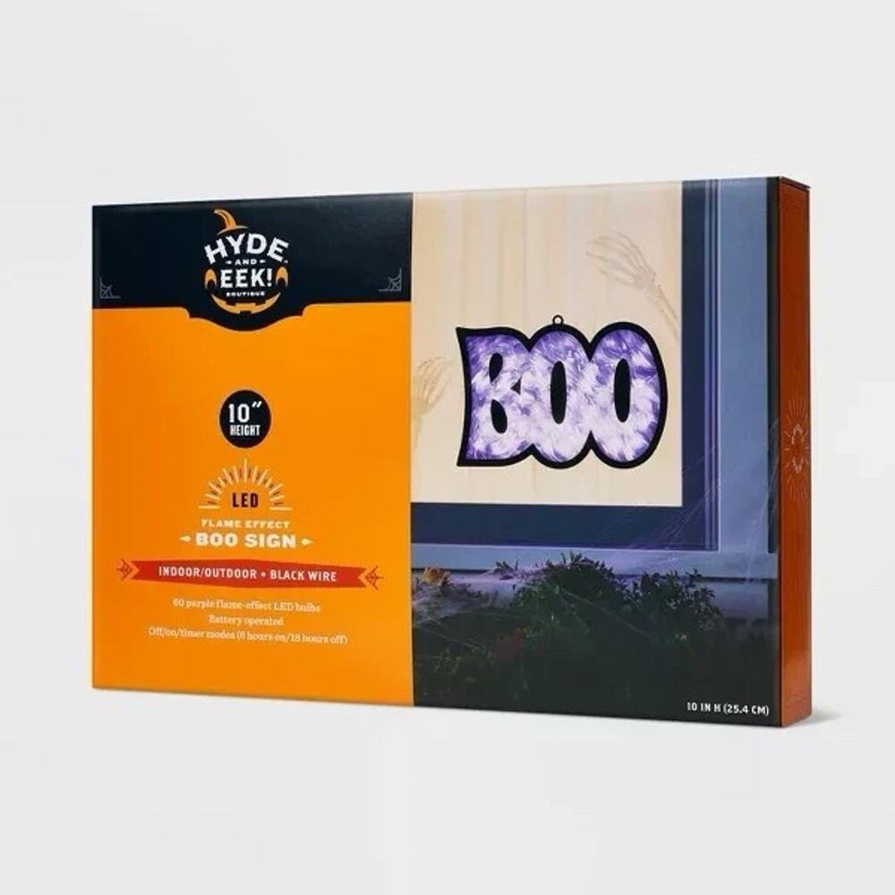 10" LED Hanging 'BOO' with Flame Effect Purple Halloween Silhouette Light - Hyde